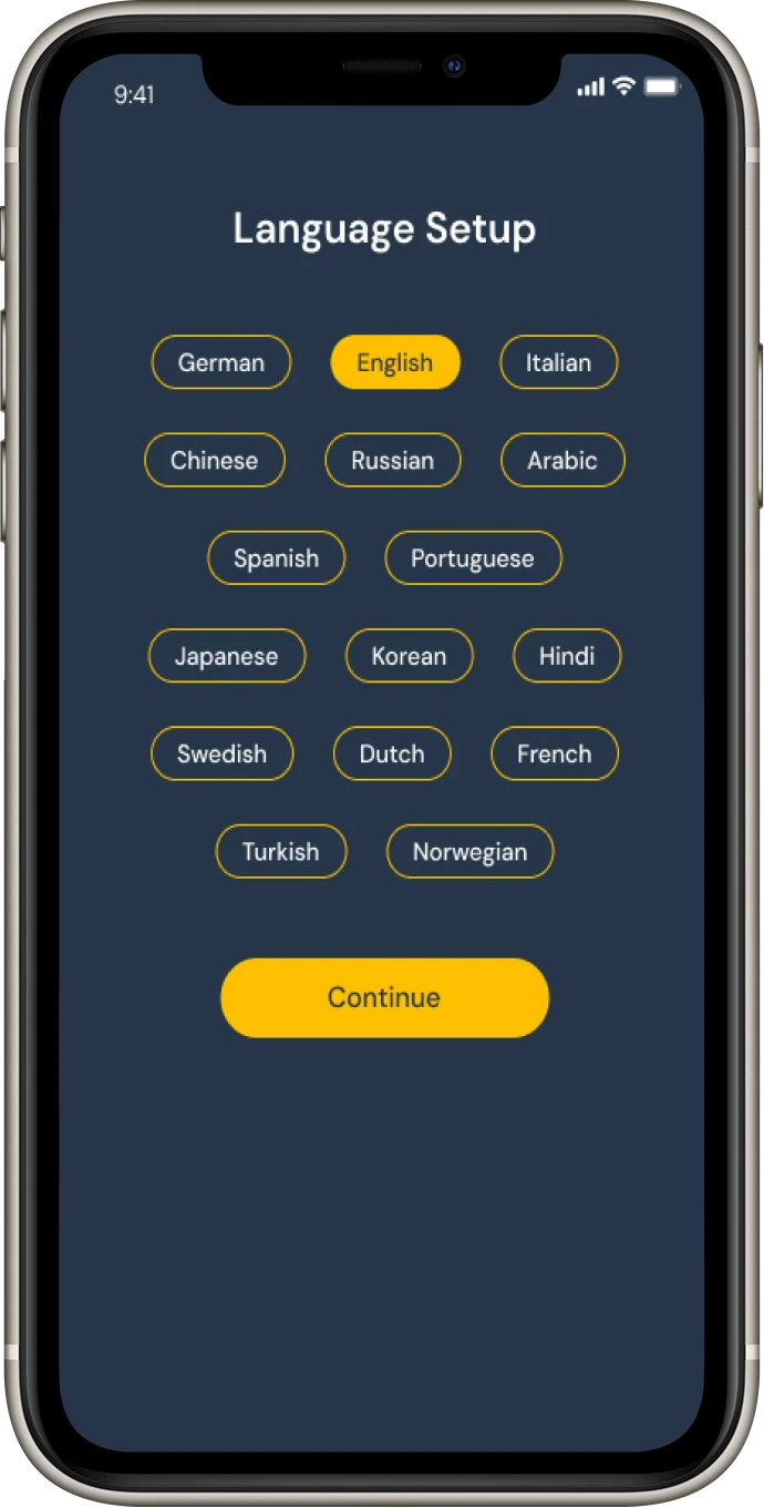 Language setup screen