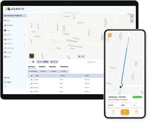 SoliRoute application mockups showing desktop and mobile interfaces