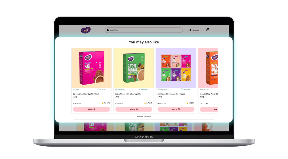 EarlyFoods AI recommendation system interface showing product suggestions